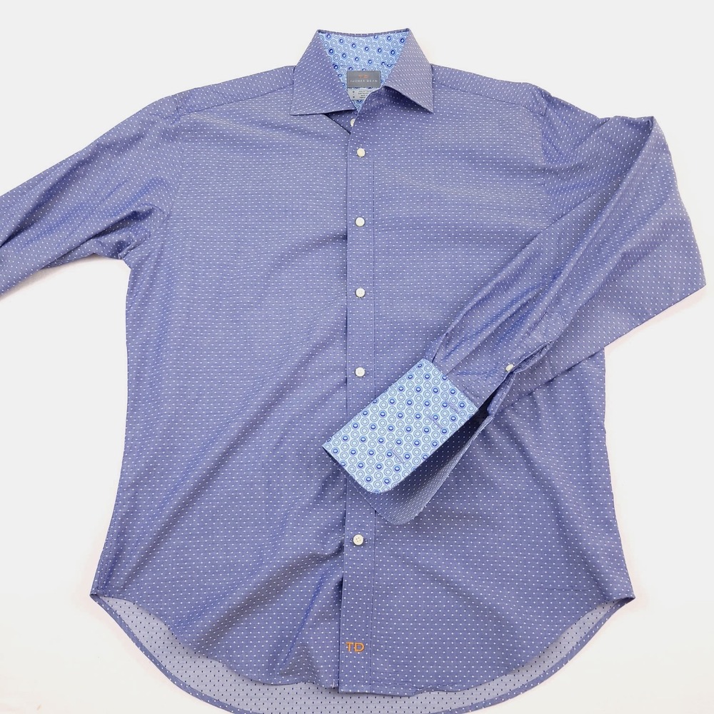 Thomas Dean Button Front French Cuff Blue Polka Dot Dress Shirt Size M, C40
